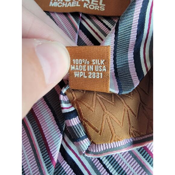 Michael Kors Pink Black Gray White Stripe 100% Silk Skinny Tie - Picture 6 of 9
